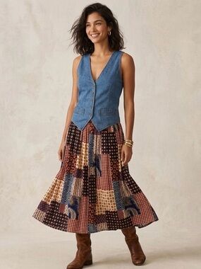 Vintage Blue Denim Patchwork Sleeveless Button Front Midi Dress Size 13/14